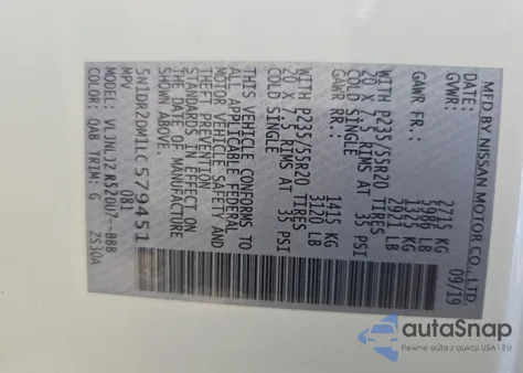 2020 Nissan Pathfinder Platinum из США, поврежденный, VIN 5N1DR2DM1LC579451